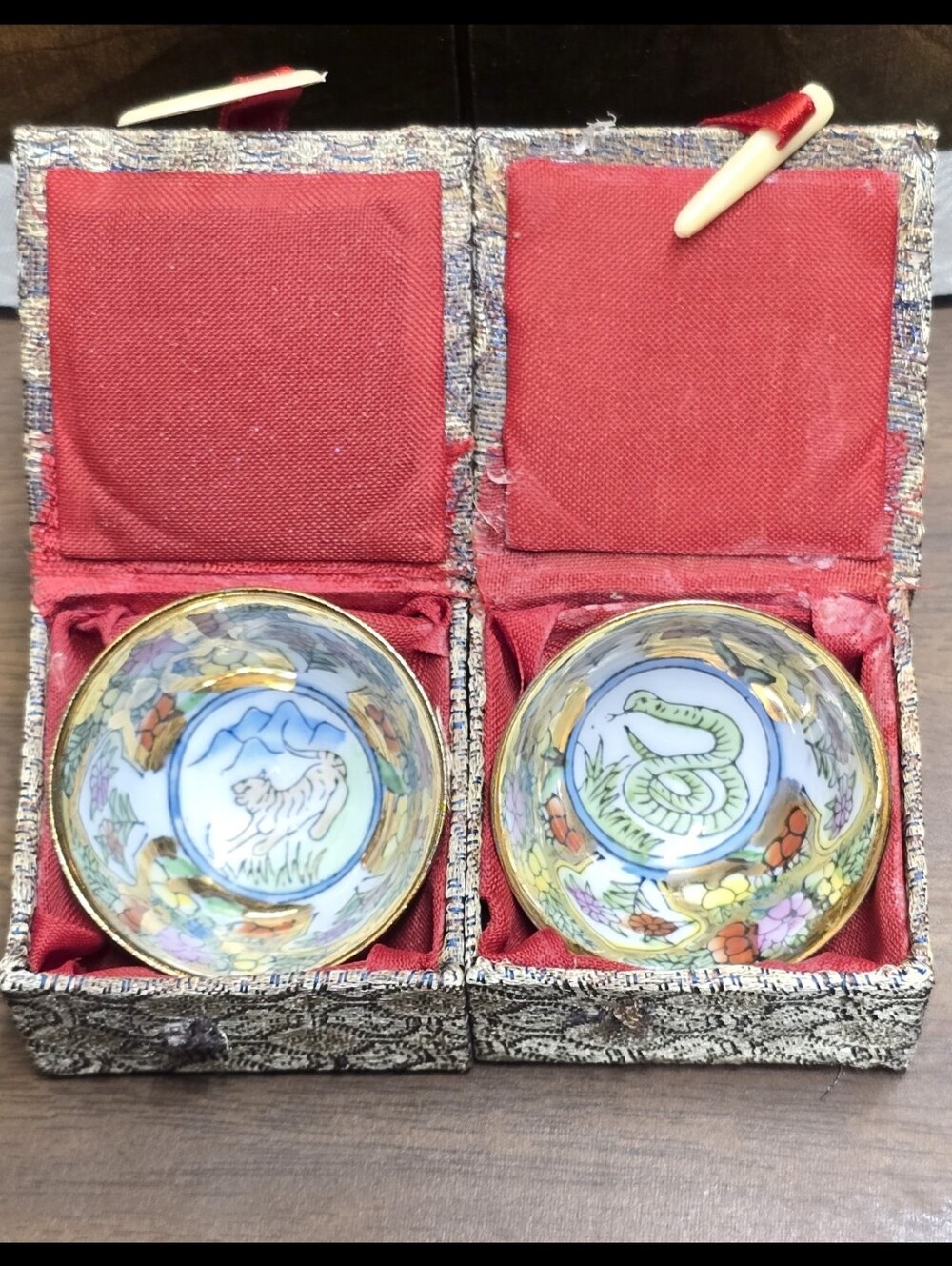 Vintage Hand-Painted Porcelain Zodiac Bowls - Tiger & Snake Set